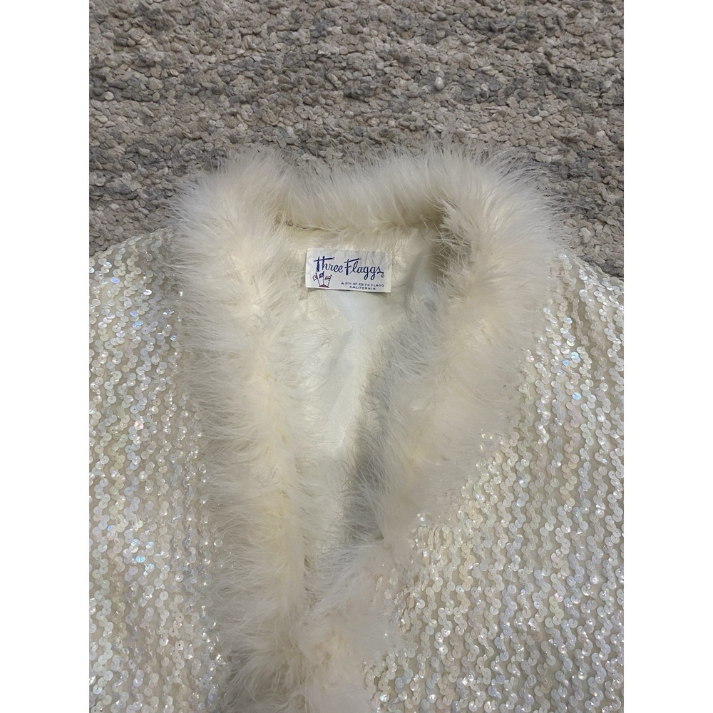 VTG‎ 60's Three Flags  White Sequinned W/ Feathers Light Coat Jacket Disco Party - Picture 9 of 11